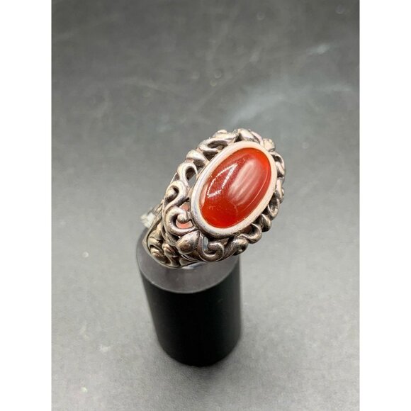 Carnelian Ring Size 6.5 Sterling SIlver Oval Stone Ornate Ring Red Stone Ring - Picture 2 of 7